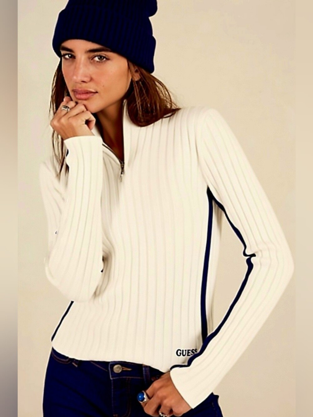 Y2K GUESS Cream Half Zip Ribbed Sweater